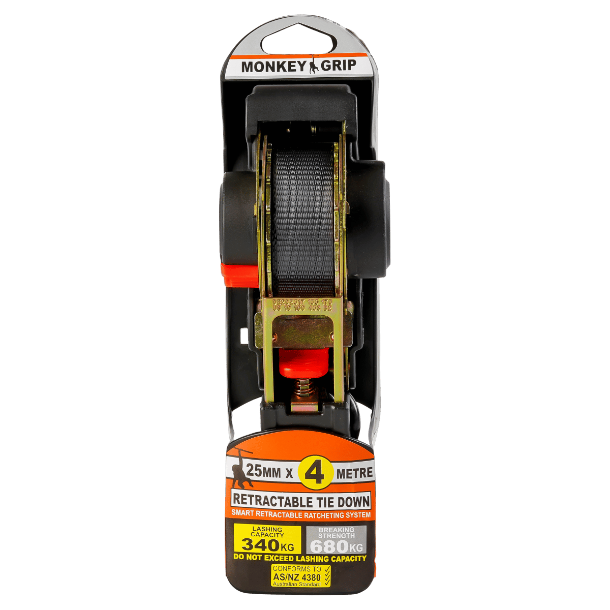 Monkey Grip Retractable Tie Down Strap – 4m x 25mm | 340kg Lashing Capacity | Auto-Retracting Ratchet with AS/NZS 4380 Compliance