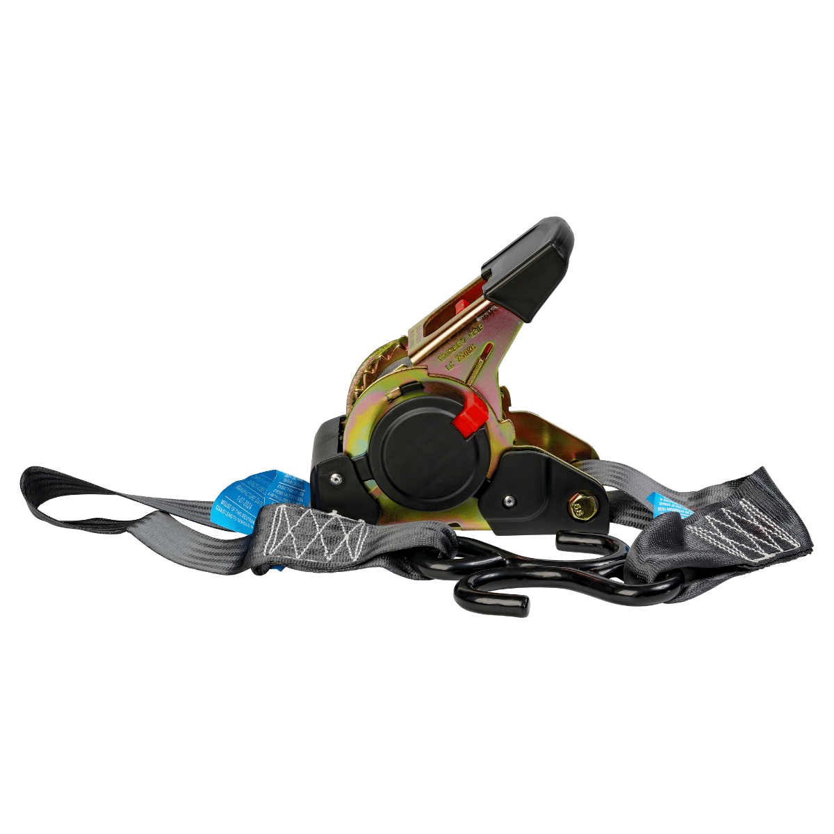 A Monkey Grip retractable ratchet tie down system with black webbing, a rubber handle ratchet mechanism, and metal hooks.