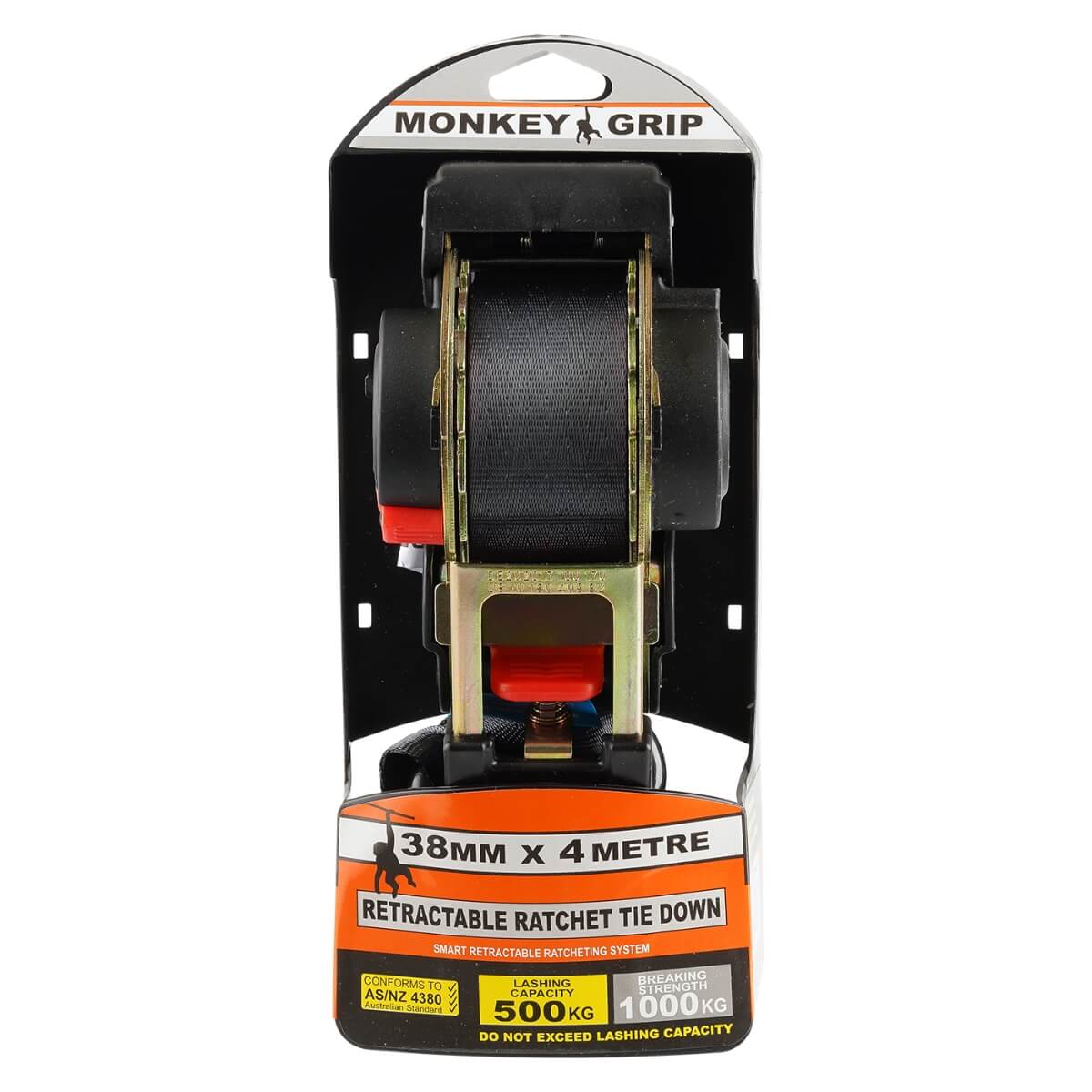 Monkey Grip Retractable Tie Down Strap – 4m x 38mm | 340kg Lashing Capacity | Auto-Retracting Ratchet with AS/NZS 4380 Compliance