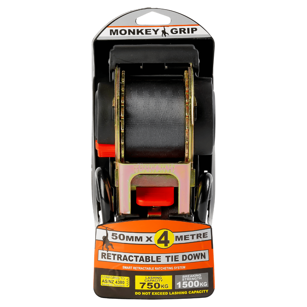 Monkey Grip Retractable Tie Down Strap – 4m x 50mm | 340kg Lashing Capacity | Auto-Retracting Ratchet with AS/NZS 4380 Compliance