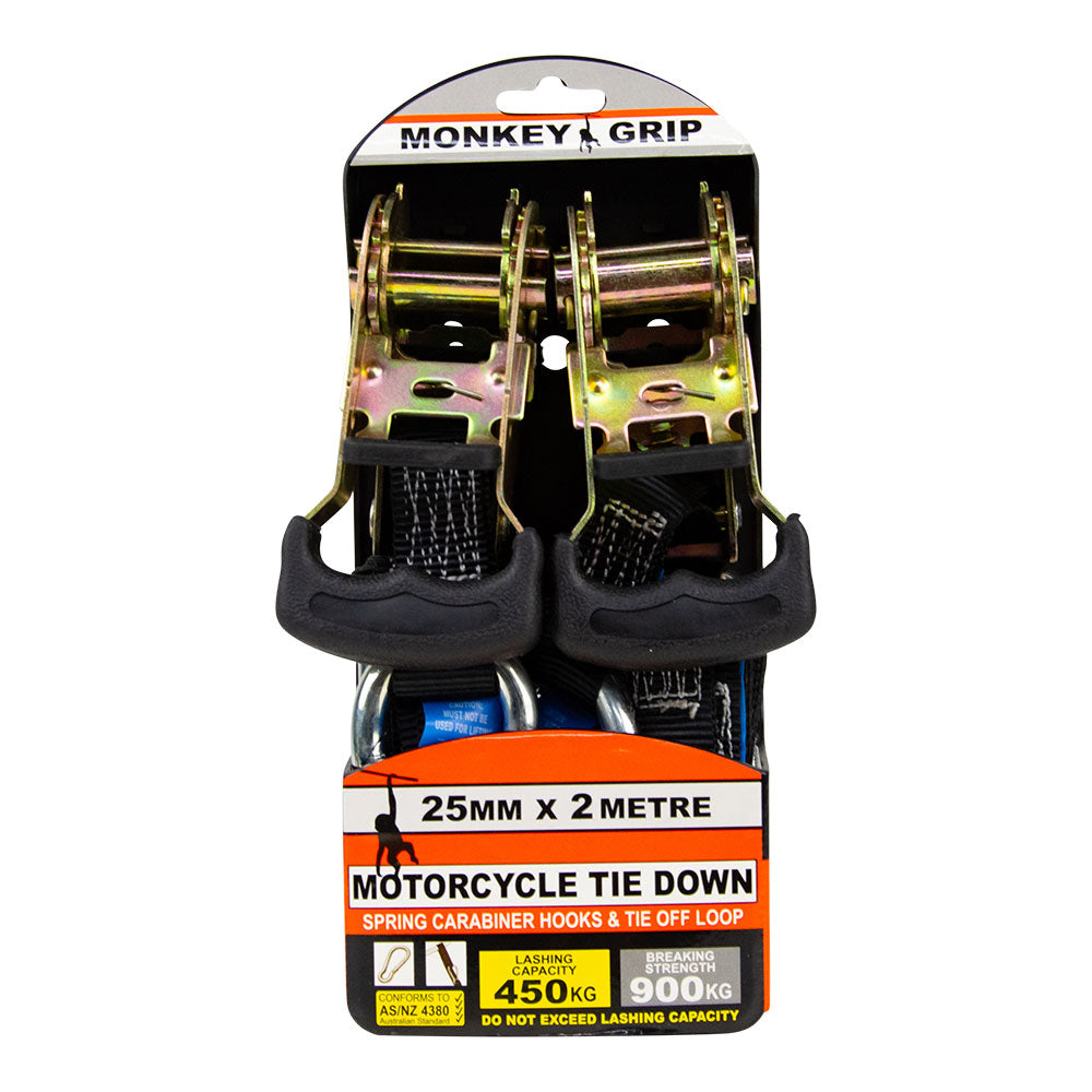 Monkey Grip Motorcycle Tie Down 450KG Capacity 2 metres 25mm Webbing