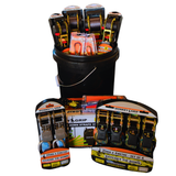 Collection of Monkey Grip tie-down straps in packaging with a black bucket on a white background
