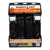 Monkey Grip Motorcycle Tie Downs Quick Release 600KG Capacity 3M x 38mm with S-Hooks & Latch - 2 Pack