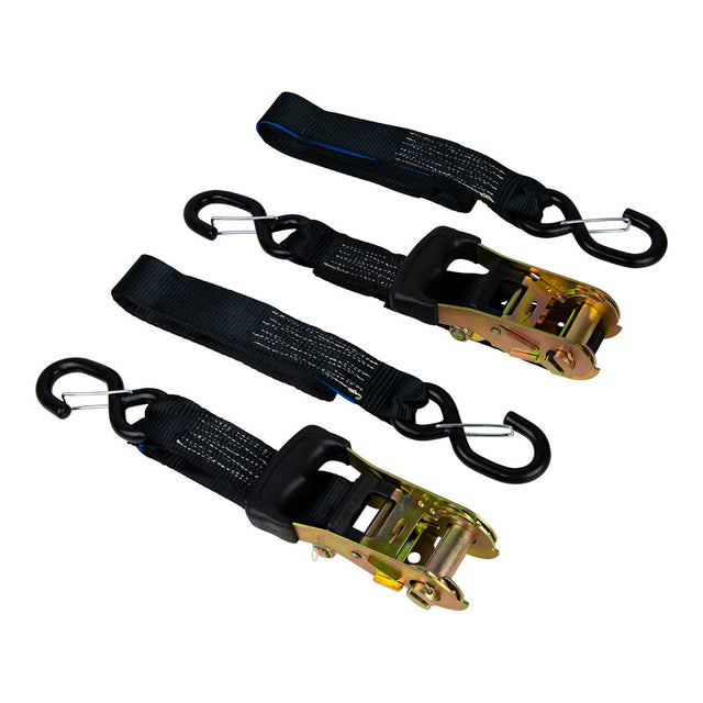 Two black ratchet tie down straps with S-hooks, designed for securing motorcycles or other small vehicles.
