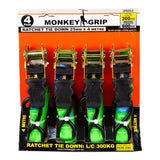 Monkey Grip Ratchet Tie Down 300KG Capacity 4M x 25mm - 4 Pack